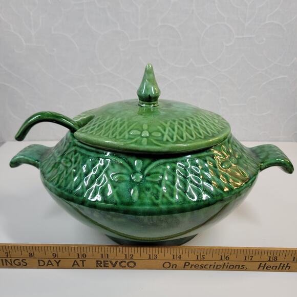 Marcia Of California Pottery Soup Tureen Green MCM Serving Bowl Ladle Lid USA - Picture 9 of 13